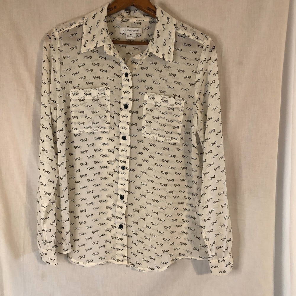 Vvintage Liz Claiborne blouse white/ black ribbon pattern two breast pockets Med